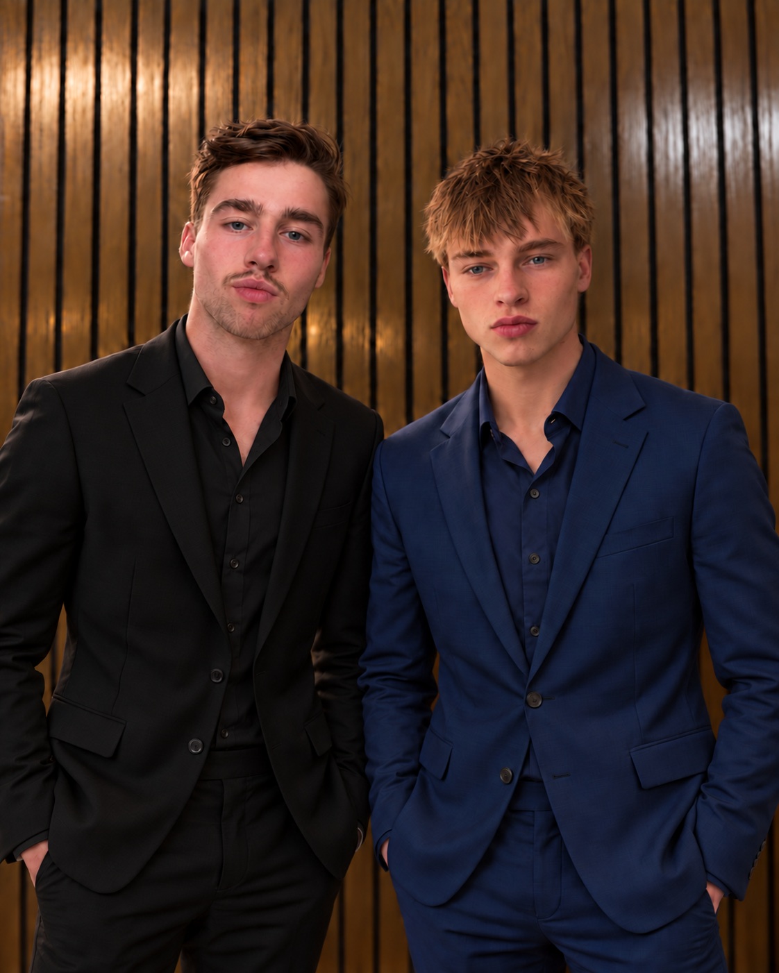 Ethan and Sawyer Halverson, founders of BECO, in black and navy blue suits.