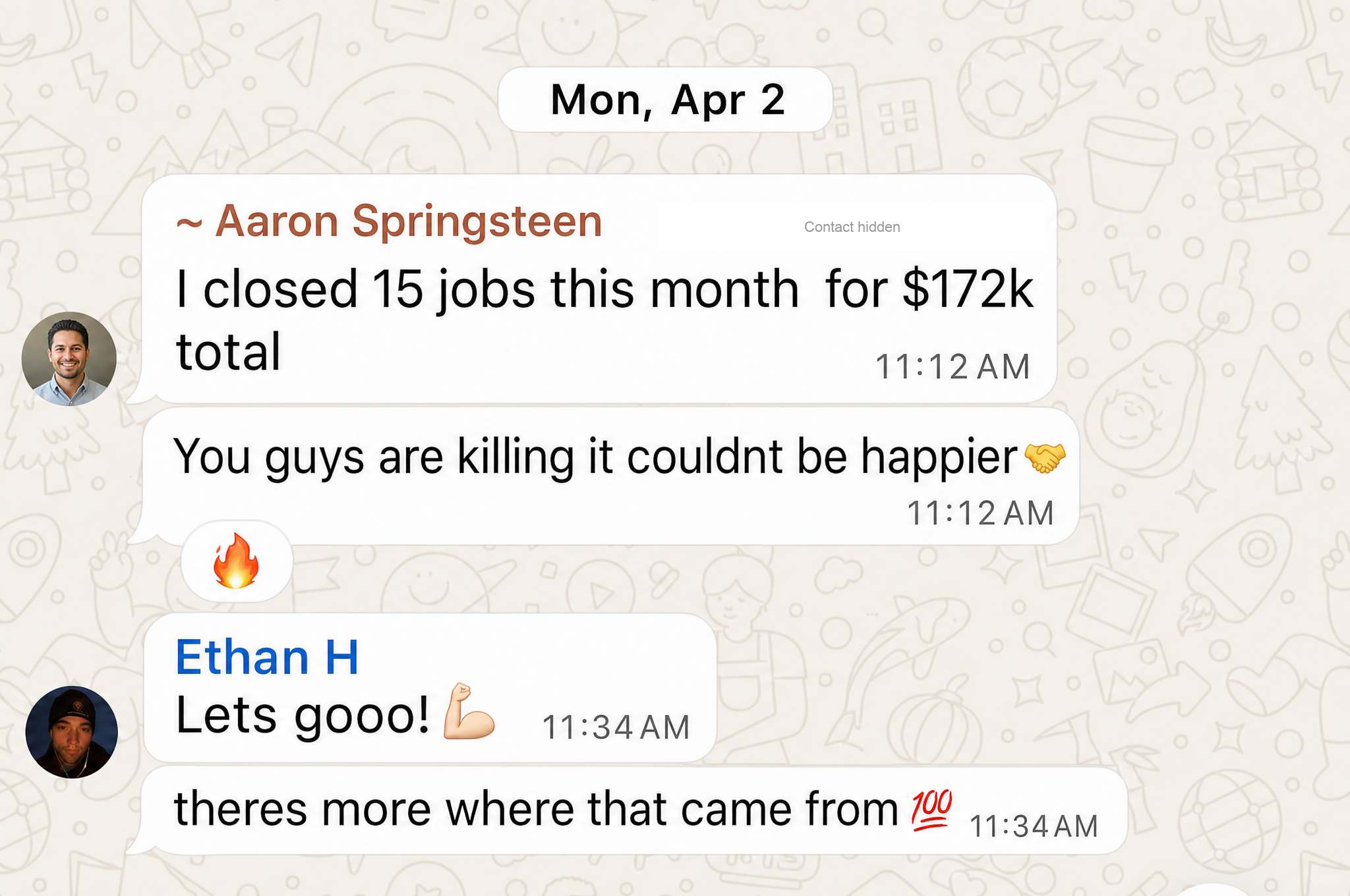 Aaron Springsteen’s message reporting 15 jobs closed in a month for $172k total. Phone number covered for privacy.