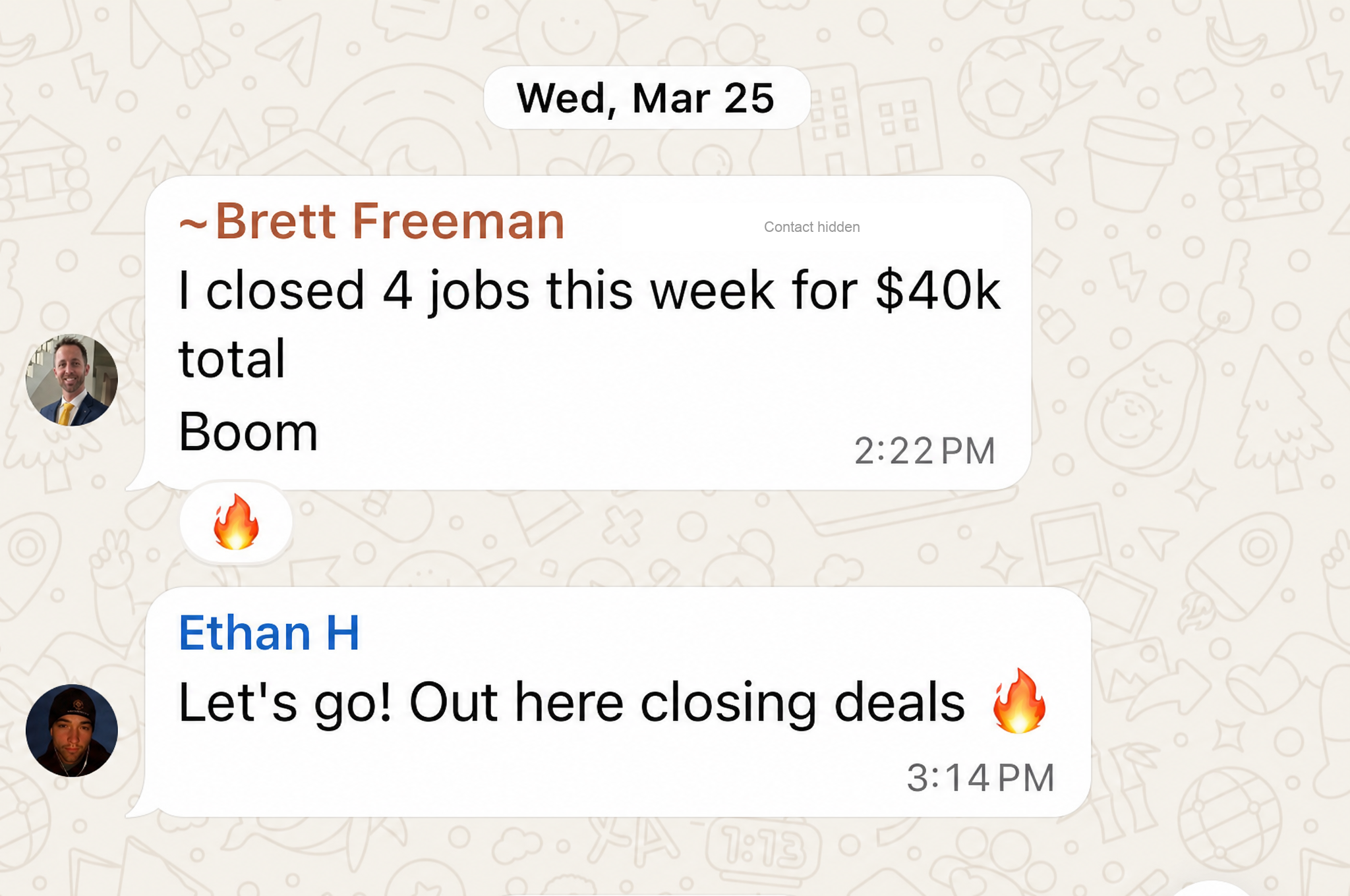 Brett Freeman’s message reporting 4 jobs closed in a week for $40k total. Phone number covered for privacy.