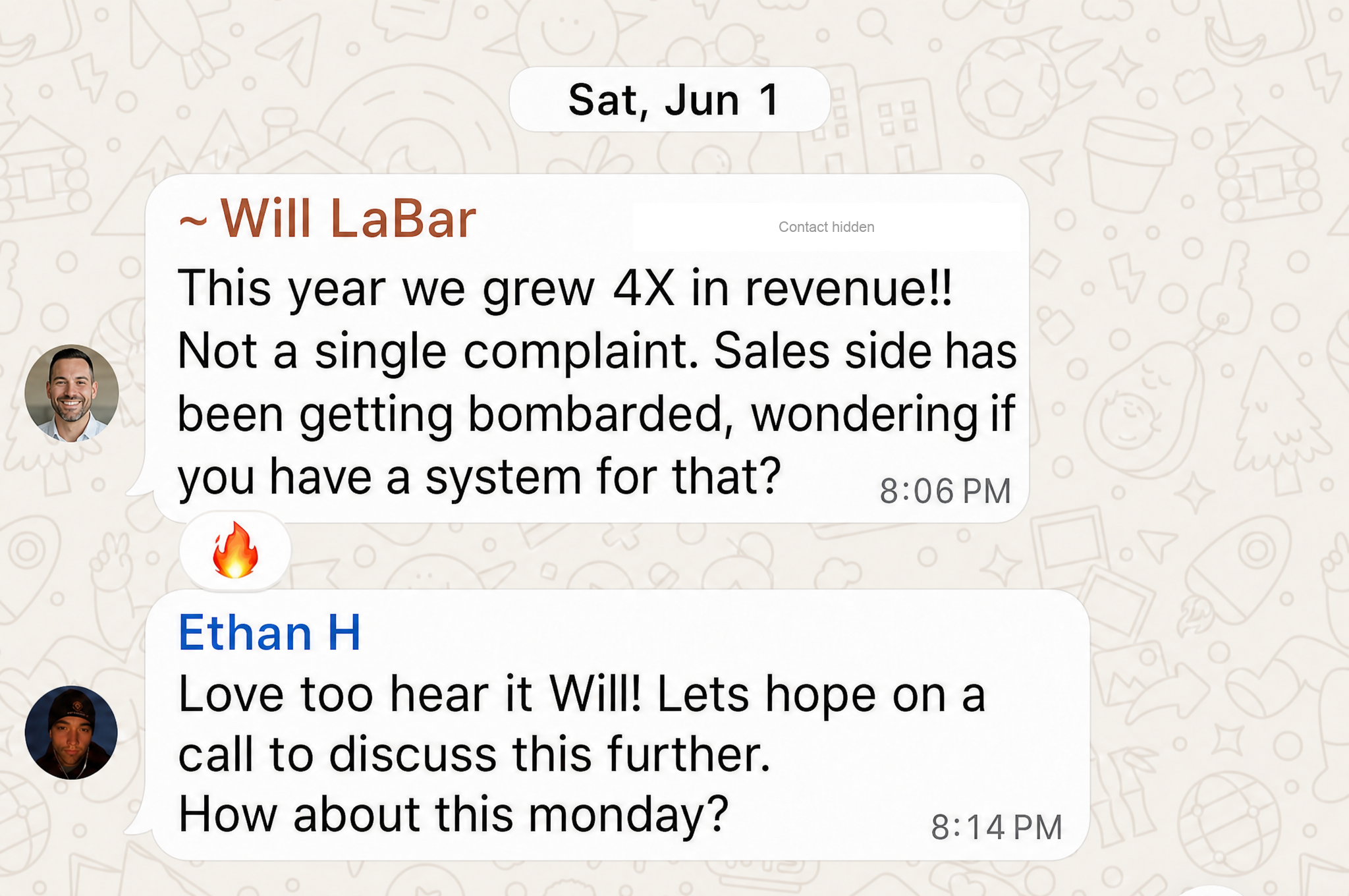 Will LaBar’s message reporting 4X revenue growth that year. Phone number covered for privacy.